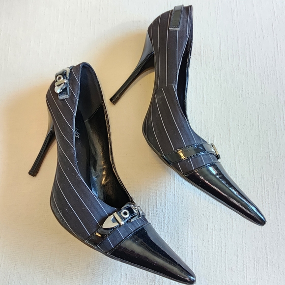 Frederick's of Hollywood Black and White Pinstripe Heels - Picture 1 of 5